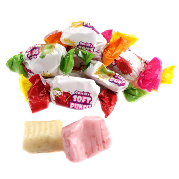 Gustaf's Assorted Soft Punch Chews. Individually wrapped, vibrant rainbow colors. Fruity cherry, mango, orange, strawberry candy.