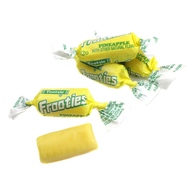 Bright yellow Pineapple Frooties, soft chewy pineapple-flavored candies, sweet tangy taste, gluten-free, nut-free.