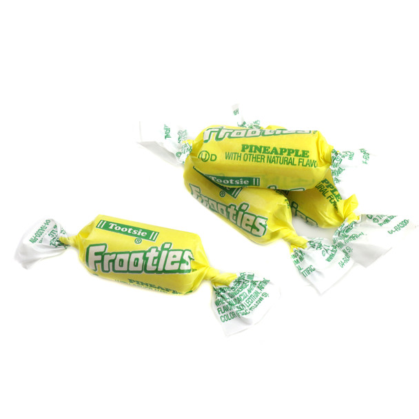 Yellow Pineapple Frooties, chewy candy bursting with sweet tangy pineapple flavor, approx 150 pieces per pound.