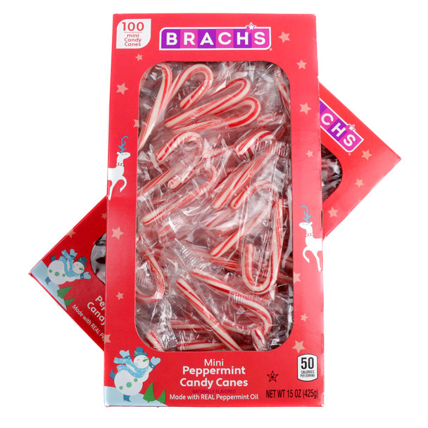 Brachs Mini Candy Canes, 100 bright red and white striped peppermint pieces.