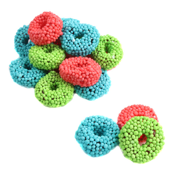 Group of colorful Nonpareil Covered Sour Gummy Rings, blue raspberry, watermelon, green apple, crunchy dextrose coating.