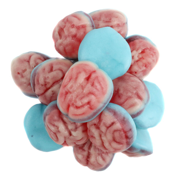 Pink and white brain shaped gummy candies by Clever Candy for Halloween candy buffets