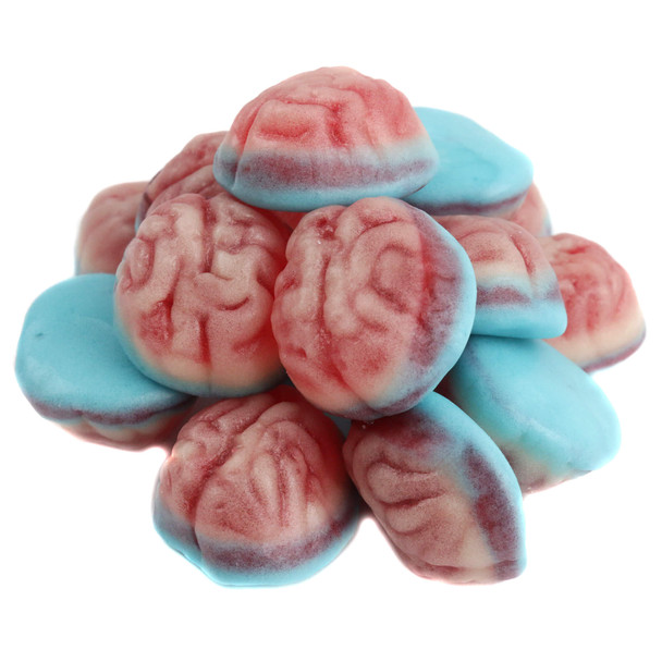 Clever Candy Gummy Brains, bright colored, 1-inch spooky Halloween gummy candy with realistic texture.