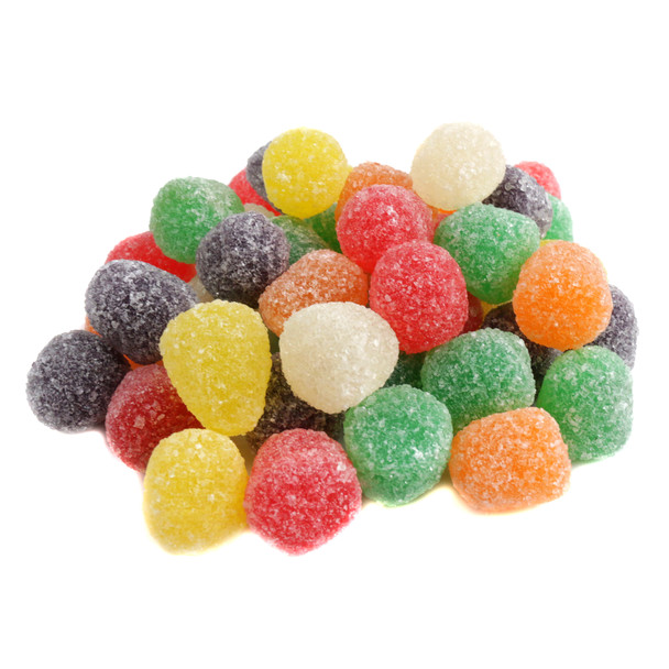 Vibrant rainbow spiced gum drops, assorted cinnamon, clove, anise, spearmint flavors. Chewy candy, approx. 140 per pound.
