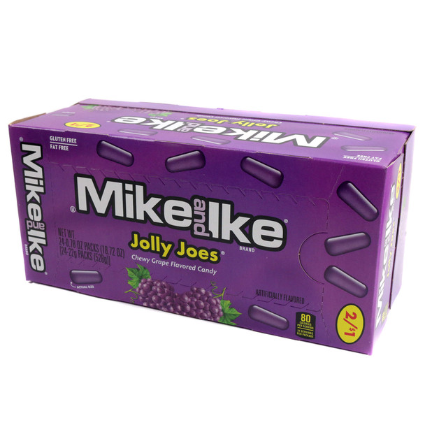 A retail cardboard display case containing a 24-pack of individual 0.78-ounce Mike and Ike Jolly Joes candy boxes, featuring the classic purple grape graphics
