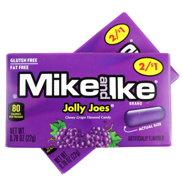 Mike and Ike Jolly Joes, 24 individual boxes of vibrant purple grape flavored chewy jelly candy.