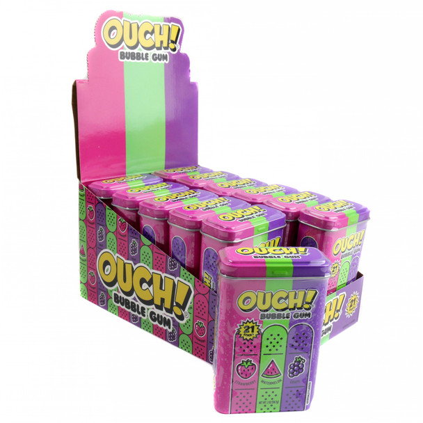 Ouch! Bubble Gum Band Aid 12-pack metal tins, 21 pieces watermelon, strawberry, grape bubble gum.