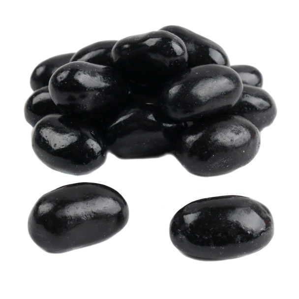 Jumbo black licorice jelly beans, rich anise flavor. Approx. 80 large glossy black candies per pound.