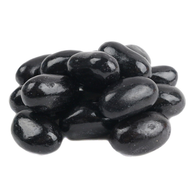 Jumbo black licorice jelly beans, rich anise flavor. Approx 80 shiny black candies per pound.