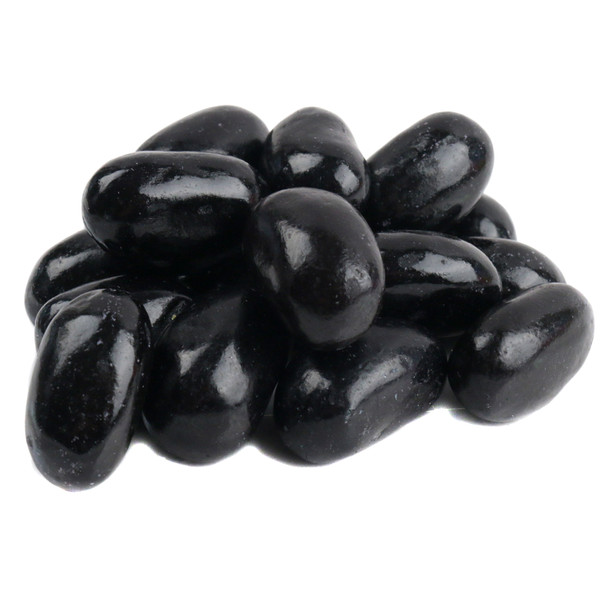 Large black licorice jelly beans, visually striking rich black color, approx. 80 candies per pound, perfect for buffets.