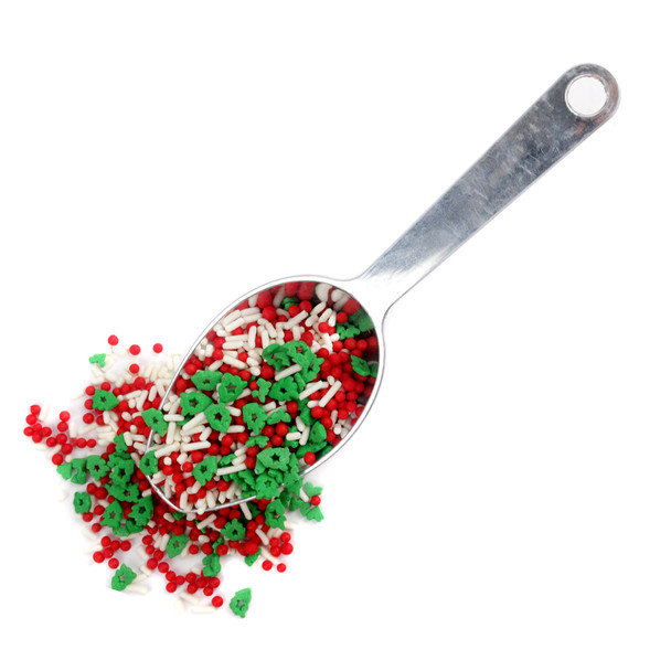 Christmas Tree Sprinkle Mix with green tree cutouts, soft white sprinkles, and striking red nonpareils for holiday baking.