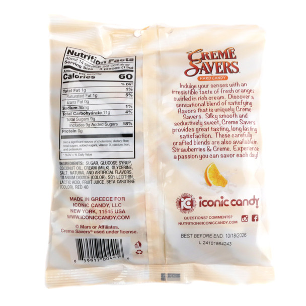 Creme Savers Orange Creme Hard Candy, 6.25oz bag, approx 42 individually wrapped orange and cream swirled pieces.