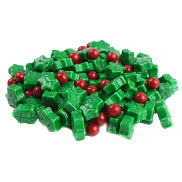 Festive red and green Holly Berries pressed candy, shaped like holly leaves and berries, for Christmas holiday treats.