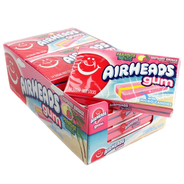 Airheads Paradise Blends Raspberry Lemonade sugar-free gum, 12 packs, pink, yellow, 14 sticks each, sweet and tangy.