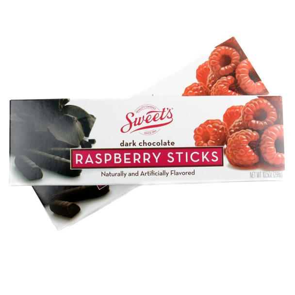Sweets dark chocolate raspberry sticks, 10.5oz box, 35 sticks. Rich brown chocolate, vibrant red raspberry jelly.