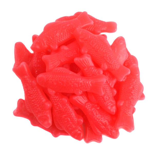 Canada Candy Ruby Red Fish gummy candies, vibrant ruby red, cherry flavor, fish-shaped, approx 100 per pound.
