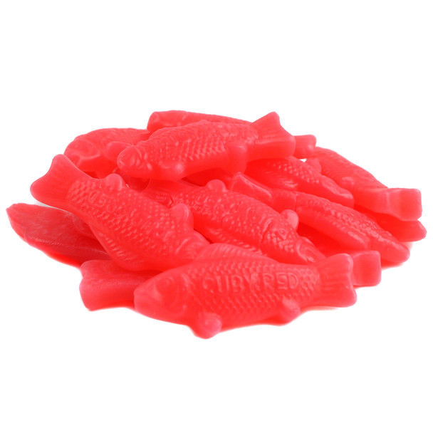 Canada Candy ruby red gummy fish. Vibrant, cherry flavored, chewy, approximately 100 pieces per pound.