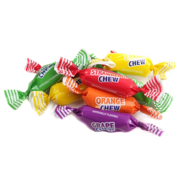Vibrant Colombina Fruity Chews, 105 pieces per pound. Assorted green, orange, yellow, purple, red chewy candy.
