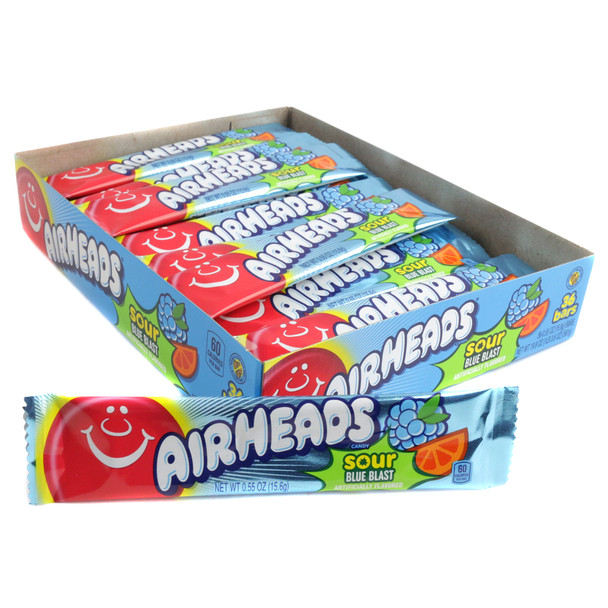 Airheads Sour Blue Blast, 36 vibrant blue pieces of sour blue raspberry taffy candy.