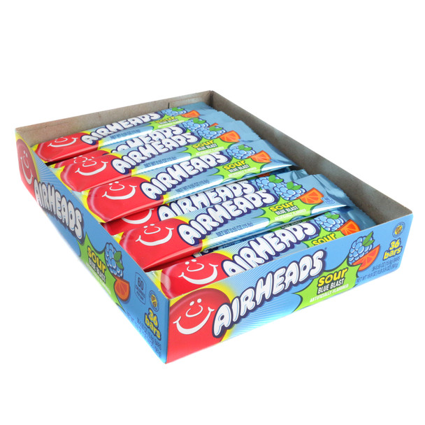 Airheads Sour Blue Blast 36 piece package. Vibrant blue raspberry sour taffy candy.