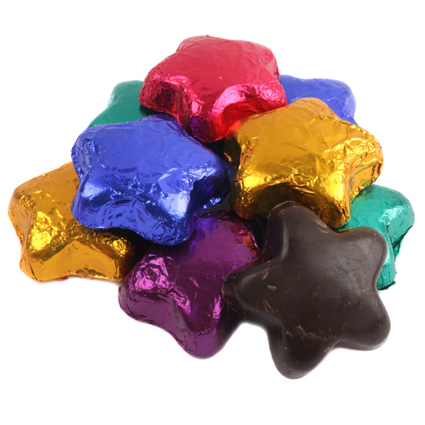 Madelaine Dark Chocolate Assorted Stars, 1.5-inch, individually wrapped in sparkling colorful foils, approx 45 per pound.
