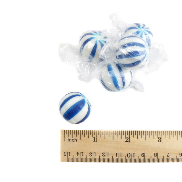 Jumbo blue raspberry hard candy balls, striking blue and white stripes, individually wrapped, bulk, approx 45 pieces per pound.