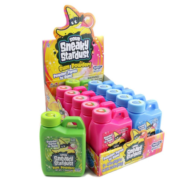 Kidsmania Sneaky Stardust bubblegum powder, 12-piece pack, sour blue raspberry, strawberry, & green apple.