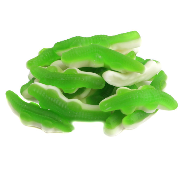 Kervan Gummy Crocodiles, vibrant green candy with square scales, approximately 114 chewy pieces per pound.