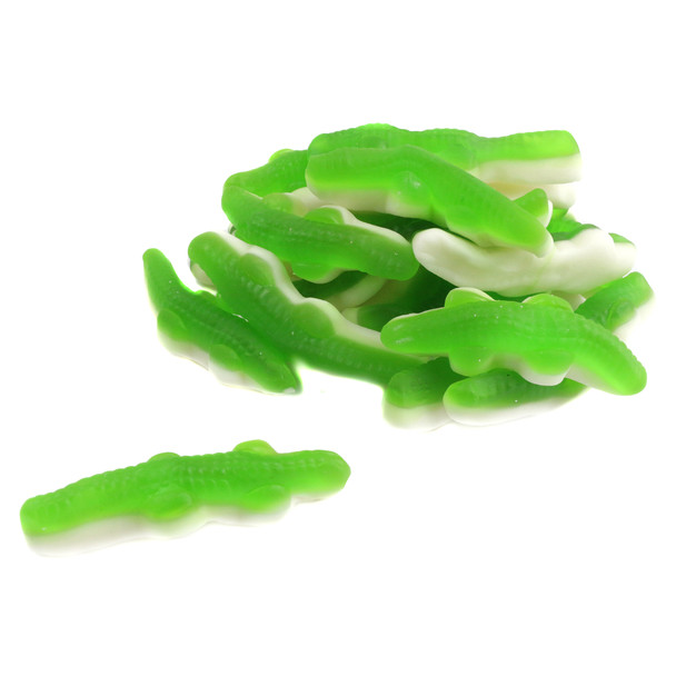 Vibrant green Kervan Candy Gummy Crocodiles, miniature crocodile shape with square scales, approx. 114 per pound.