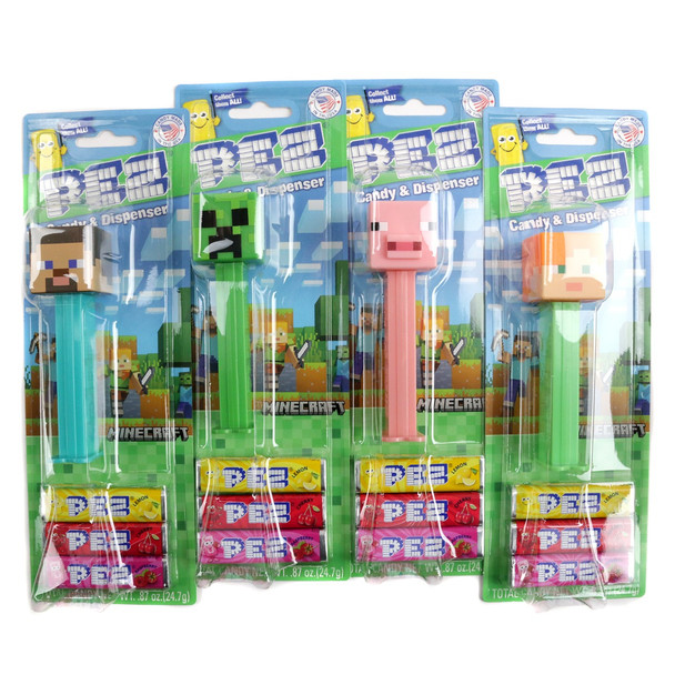 Pez Minecraft 12 Pack. Colorful, individually wrapped dispensers with various Minecraft characters, each including 3 fruit candy refills.
