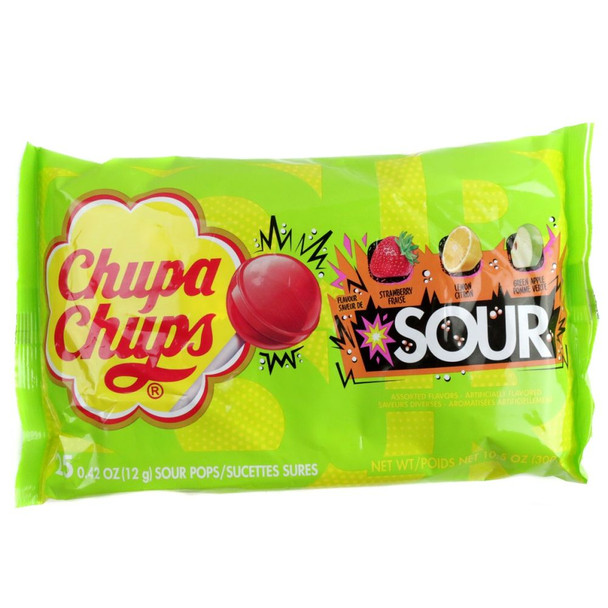 25 Chupa Chups Sour Pops, red strawberry, yellow lemon, green apple lollipops.