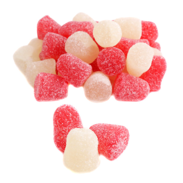 Vibrant red cinnamon and white peppermint Valentine Spice Drops, sparkling sugar-dusted candy.