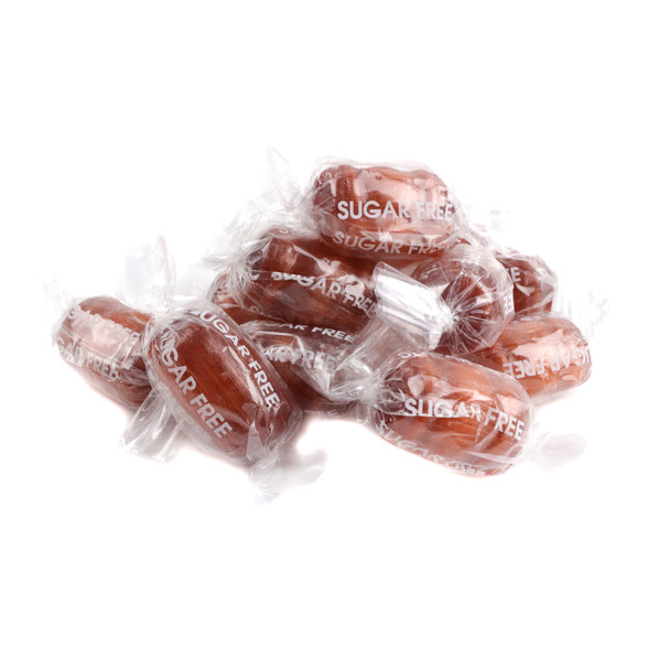 Sugar Free Root Beer Barrels candy, barrel shaped brown hard candies, approx. 60 pieces per pound, old-fashioned taste.