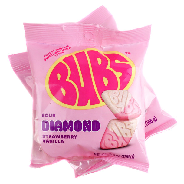 Bubs Sour Strawberry Vanilla diamond candies, red and white with a sour sugar coating, 5.5oz bag, vegan, gluten-free.