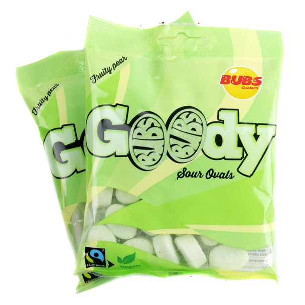 90g Bubs Sour Fruity Pear Goody Ovals. Green, oval-shaped vegan sour gummies.