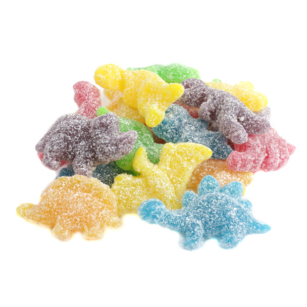 Herberts Best Rawr Dinosaurs sour gummies, vibrant colorful T-rex, Pterodactyl, Stegosaurus shapes, approx 85 per pound.