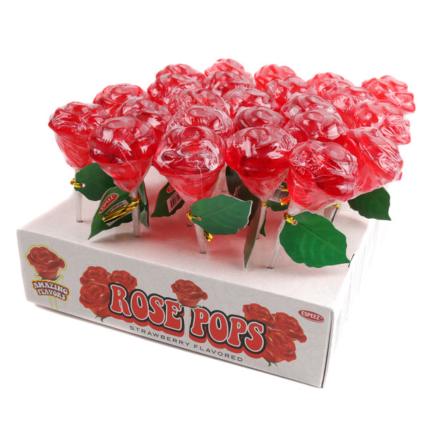 24 Espeez bold red rose lollipops, sweet strawberry flavor. Eye-catching candy for parties, buffets, Valentine's.
