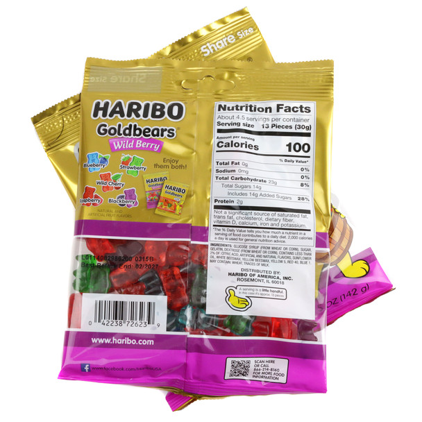 Haribo Wildberry Gummy Bears 5oz bag, colorful blue, red, purple, pink berry-flavored gummies.