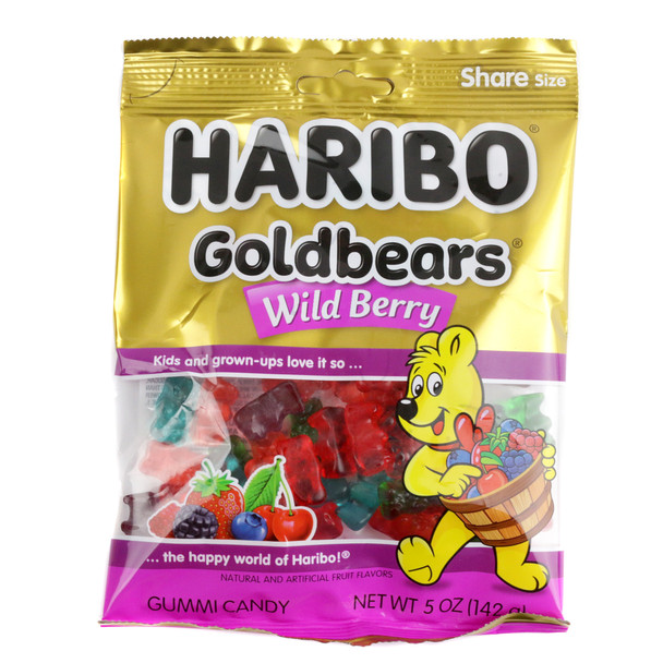 Haribo Wildberry Gummy Bears, 5oz bag. Assorted red, blue, purple, pink gummy bears: blueberry, cherry, blackberry, strawberry, raspberry.