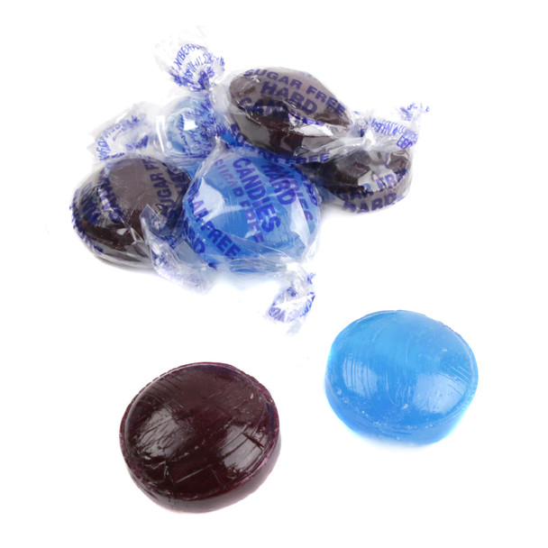 Sugar free mixed berry assorted hard candy, purple and blue pieces, approx 75 candies per pound.