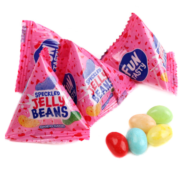 Vibrant, speckled jelly beans in a pyramid-shaped bag, displaying a rainbow of assorted fruit flavors. Sweet, colorful candy.