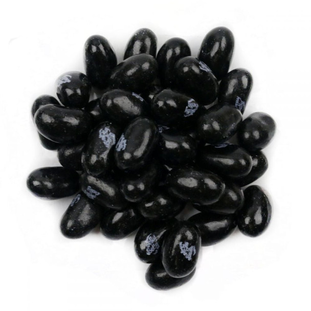 Jelly Belly Black Licorice Jelly Beans, dark black, glossy texture, rich licorice flavor, approx. 400 per pound.