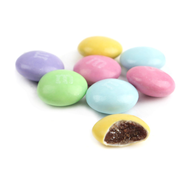 Easter M&M's milk chocolate candies, a colorful mix of vibrant pastel spring green, yellow, pink, blue.