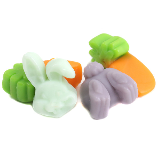 Albanese Cottontail Gummies, pastel carrots, bunnies, fruit assorted flavors, grape, blue raspberry, mango, pineapple, orange.