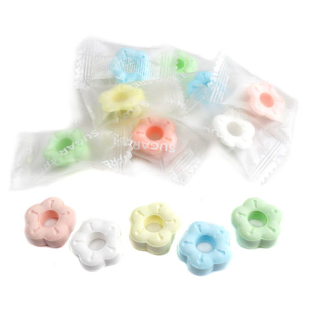 Fun Tasty sugar-free mint hard candy, approx. 220 flower-shaped pieces per pound, assorted colors.