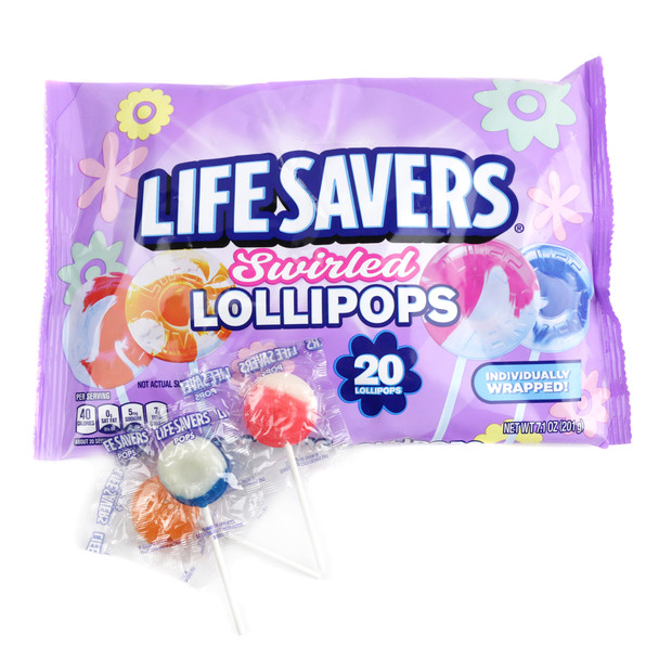 20-piece bag Lifesavers Swirled Lollipops, vibrant cherry, orange, strawberry, blueberry vanilla flavors.