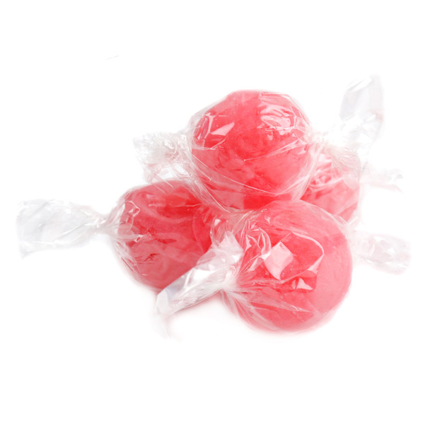 Vibrant red jumbo cherry gum filled hard candy balls, individually wrapped, with a hard shell and chewy gum center.