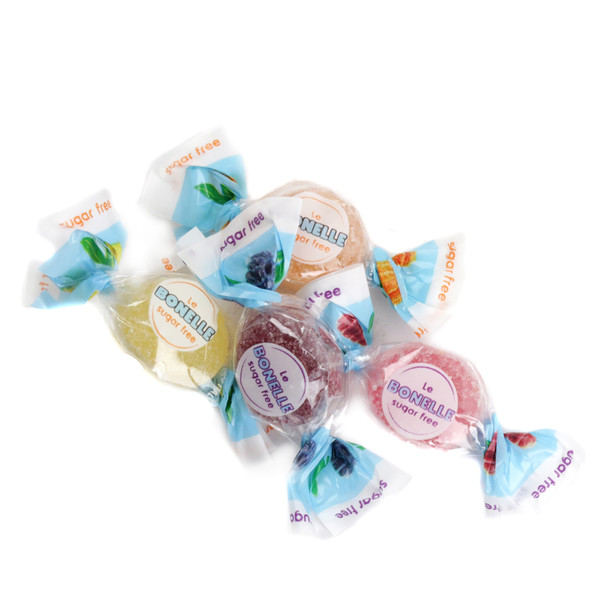 Bonelle sugar-free assorted fruit jelly candies, vibrant red, orange, yellow, green, purple colors, individually wrapped, many pieces.