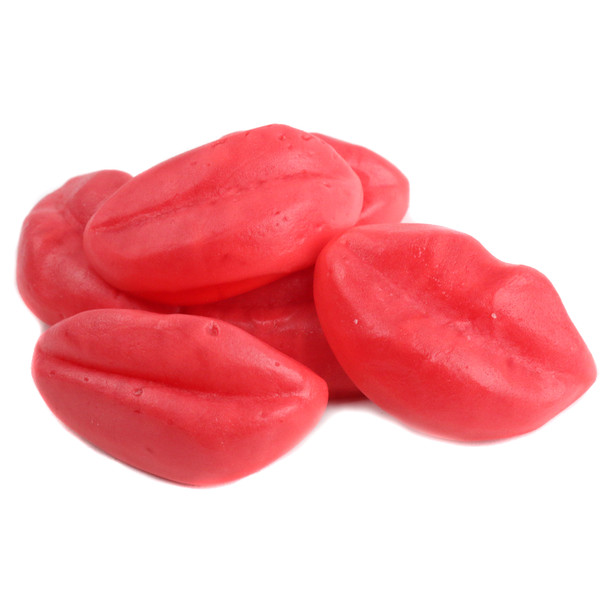 Red, sweet, strawberry-flavored gummy lips, filled. Valentine's Day candy, approx 35 pieces per pound.