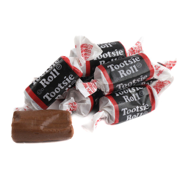 Dark brown Chocolate Midgees Tootsie Rolls, chewy, bite-sized, individually wrapped. Approximately 65 pieces per pound.